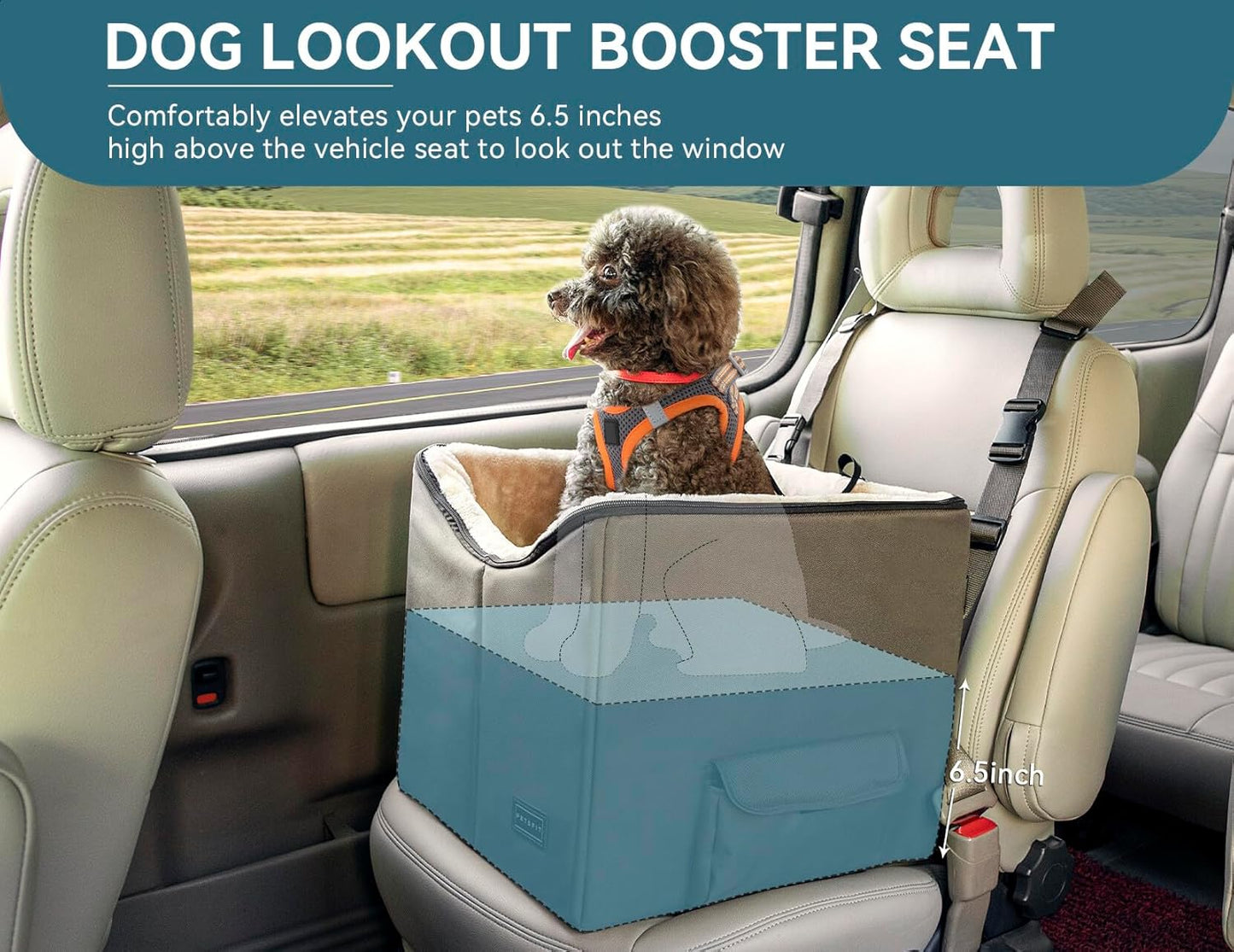 Dog Car Seat, Pet Travel Car Booster Seat with Safety Belt, Washable Double-Sided Cushion and Storage Pocket for Pets