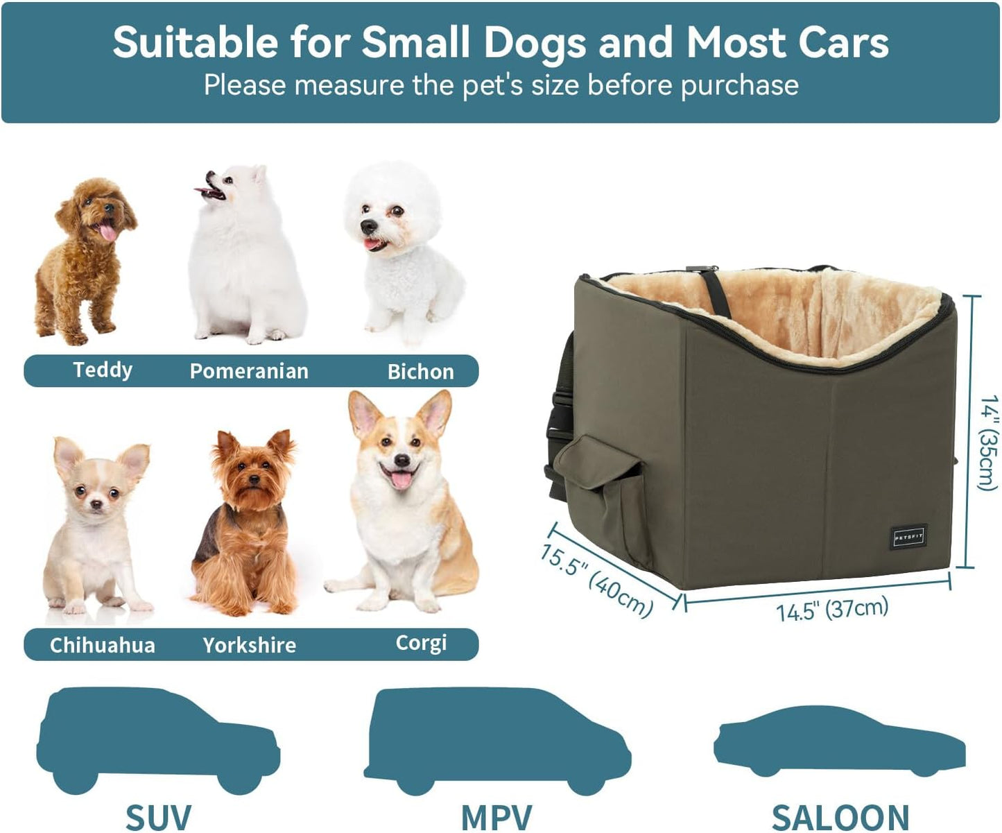 Dog Car Seat, Pet Travel Car Booster Seat with Safety Belt, Washable Double-Sided Cushion and Storage Pocket for Pets