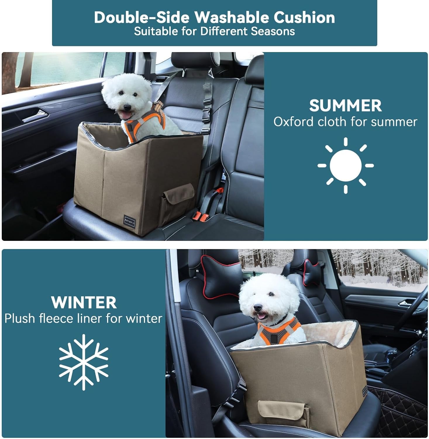 Dog Car Seat, Pet Travel Car Booster Seat with Safety Belt, Washable Double-Sided Cushion and Storage Pocket for Pets