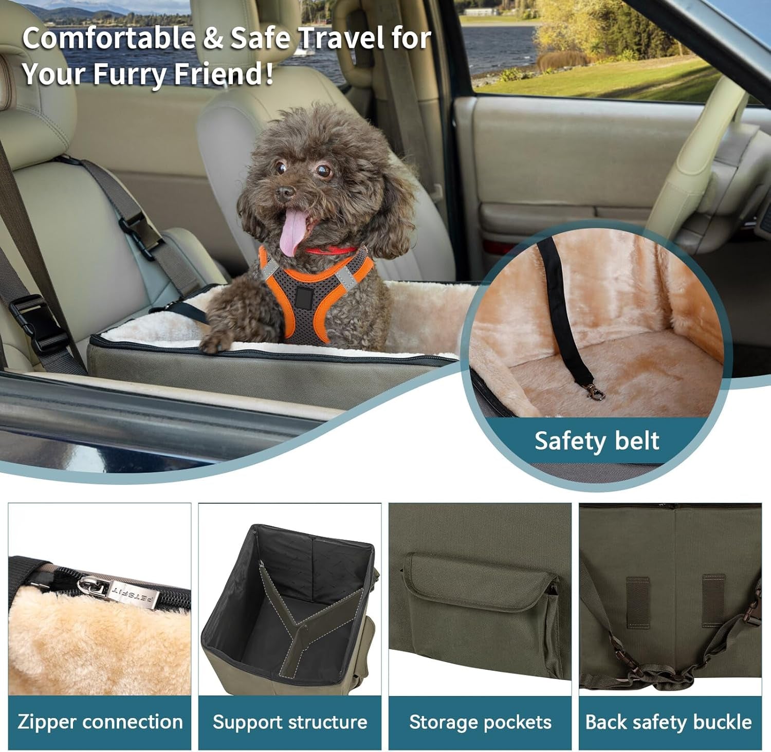 Dog Car Seat, Pet Travel Car Booster Seat with Safety Belt, Washable Double-Sided Cushion and Storage Pocket for Pets