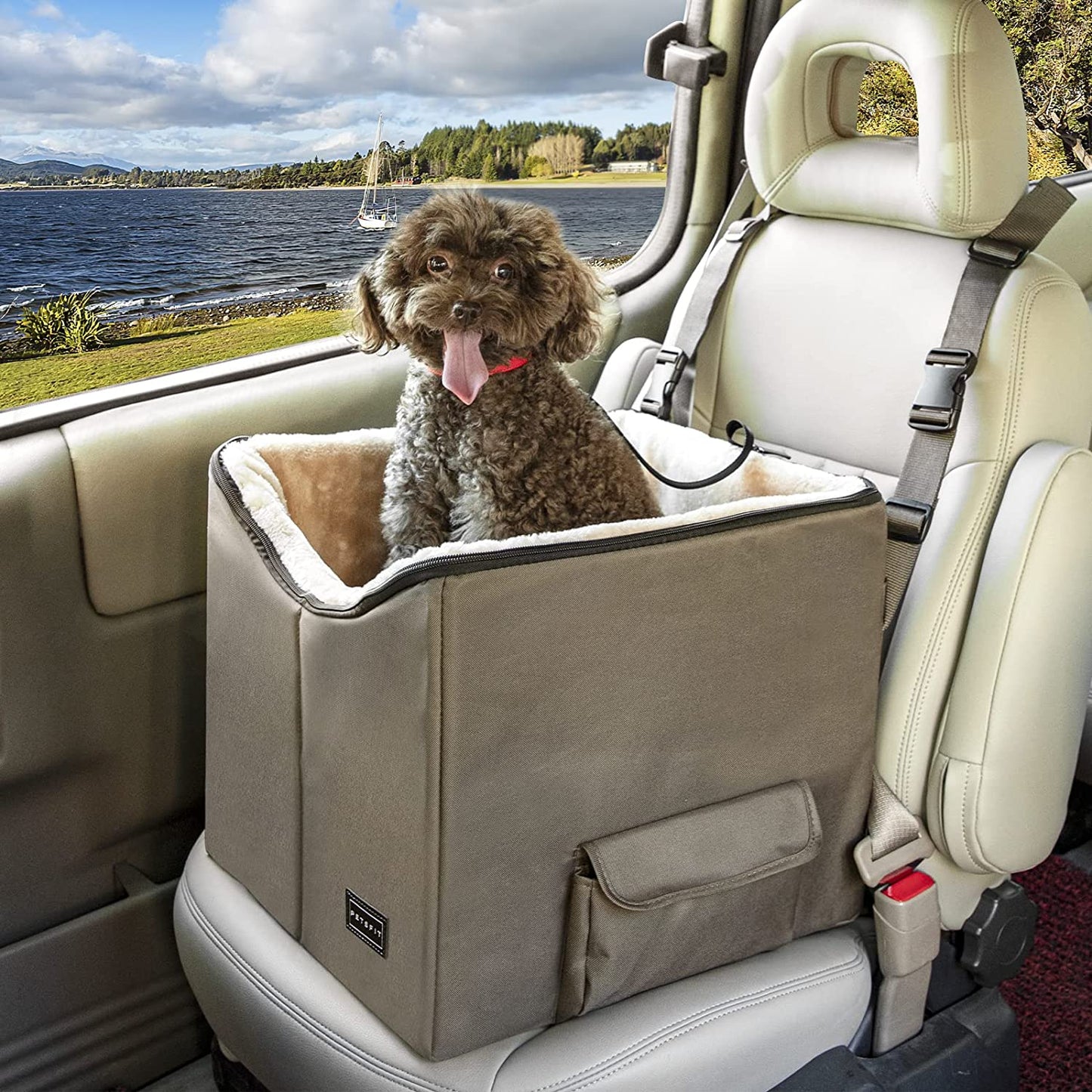 Dog Car Seat, Pet Travel Car Booster Seat with Safety Belt, Washable Double-Sided Cushion and Storage Pocket for Pets